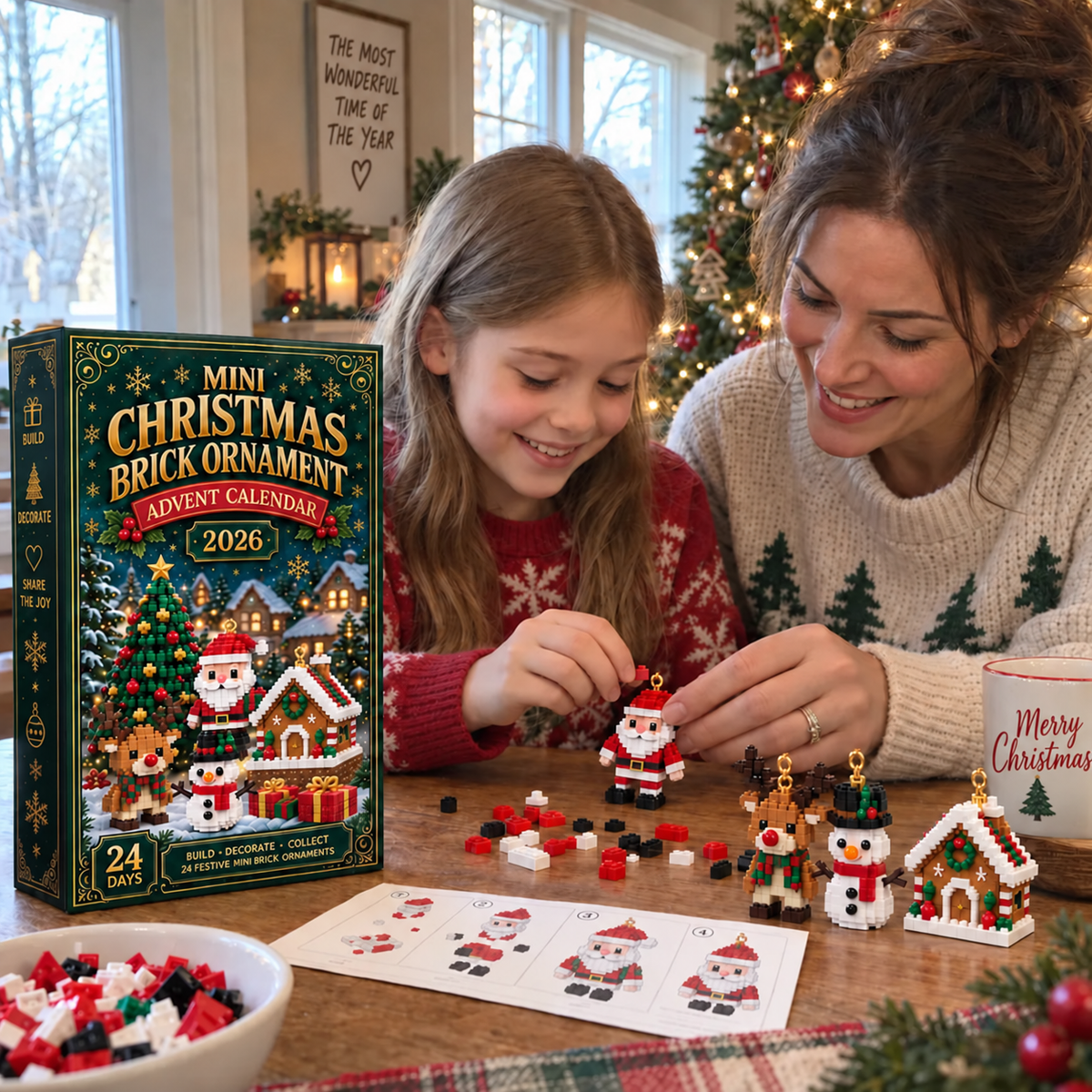 🎄 24日間ミニクリスマスブロックオーナメント アドベントカレンダー – 24種類の組み立て可能なユニークなホリデーモデル