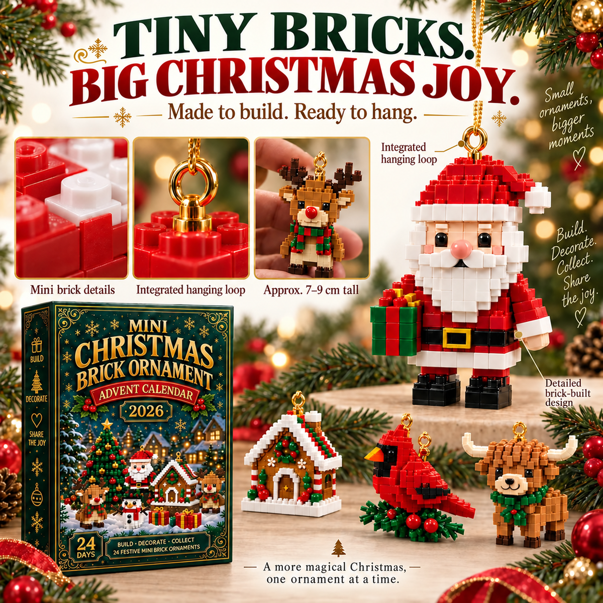 🎄 24日間ミニクリスマスブロックオーナメント アドベントカレンダー – 24種類の組み立て可能なユニークなホリデーモデル