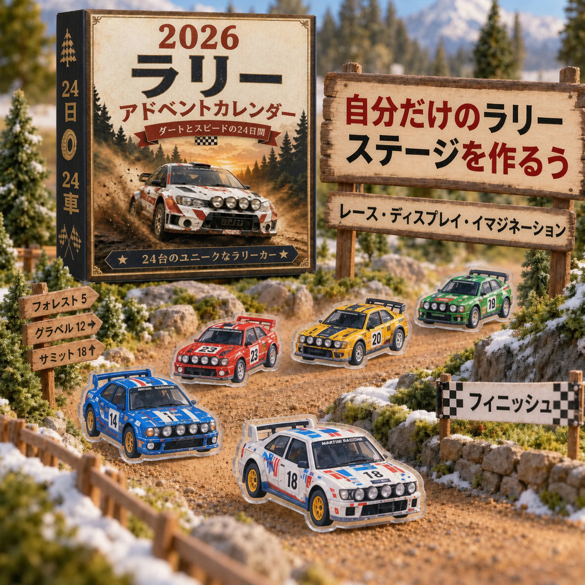🏎️ ラリー クリスマス アドベントカレンダー 2026 – スピードと興奮に満ちた24日間、集めて楽しいラリーレースカー24台（2Dモデル）💎